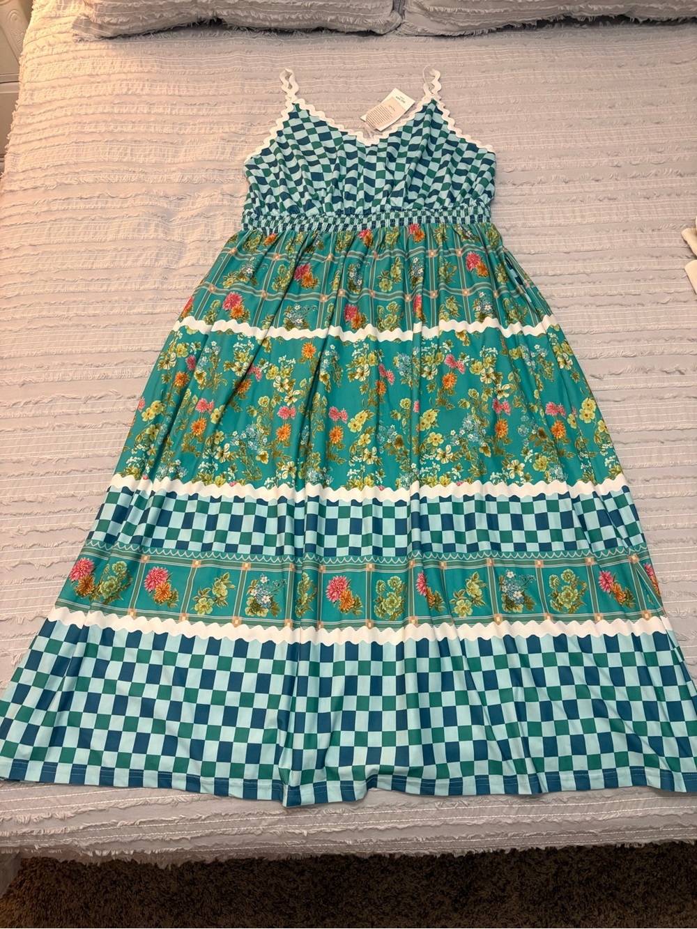 Grace Karin Turquoise Blue Floral Checkered Maxi Dress-measurements in photos - Picture 3 of 9